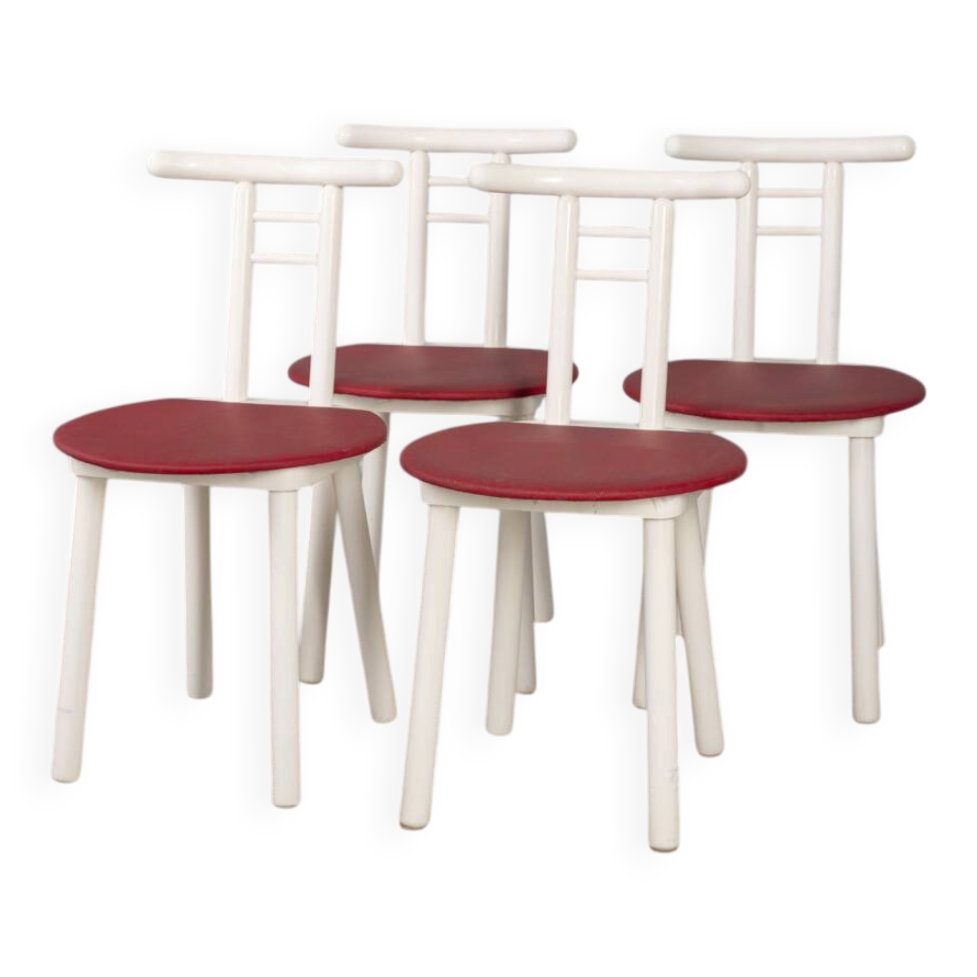 Set of 4 vintage 1980s chairs in wood and red vinyl, italian design