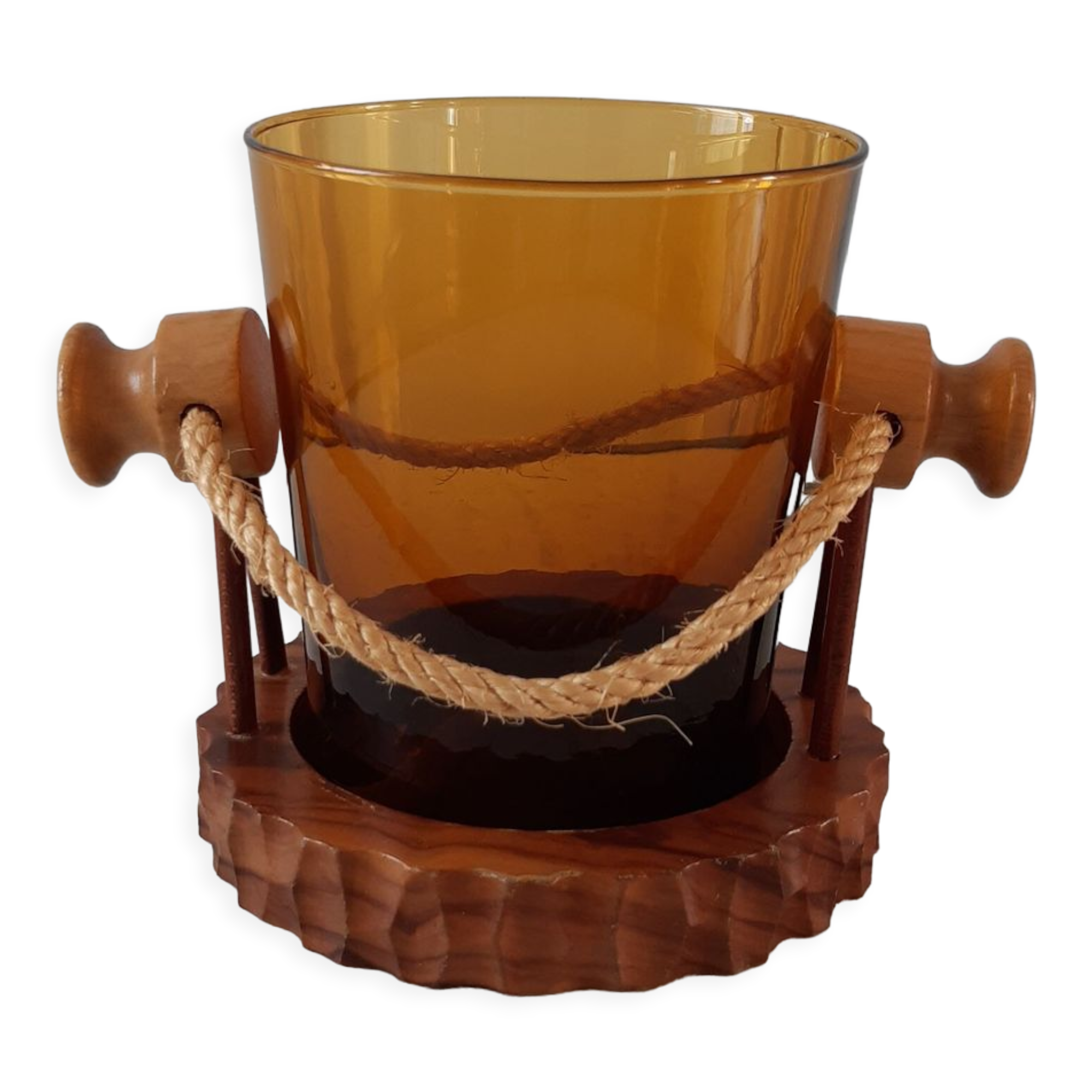 Amber glass and olive wood ice bucket / vintage rope 70s