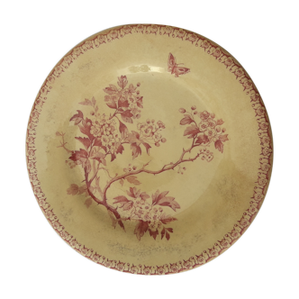 Gien opaque porcelain hollow plate late 19th floral and red butterfly diam 24 cm