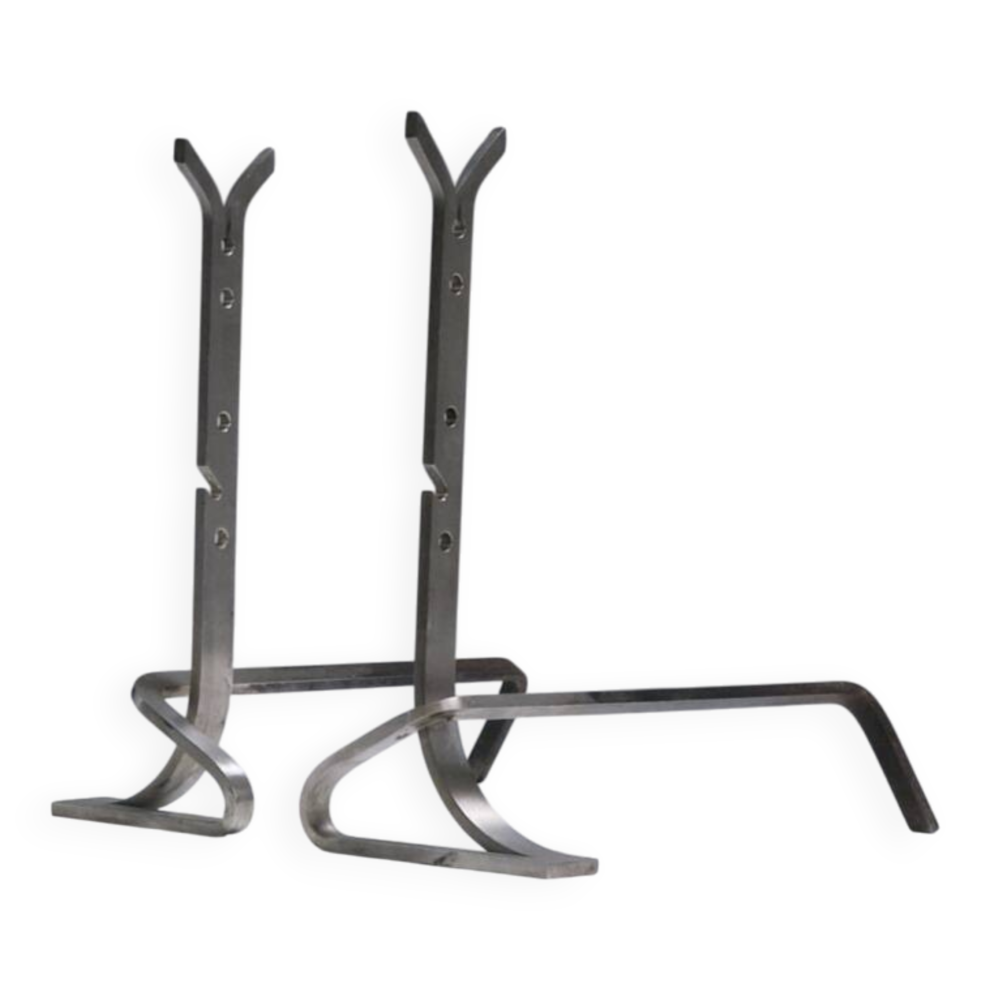 Pair of modernist brushed steel andirons, 1970s