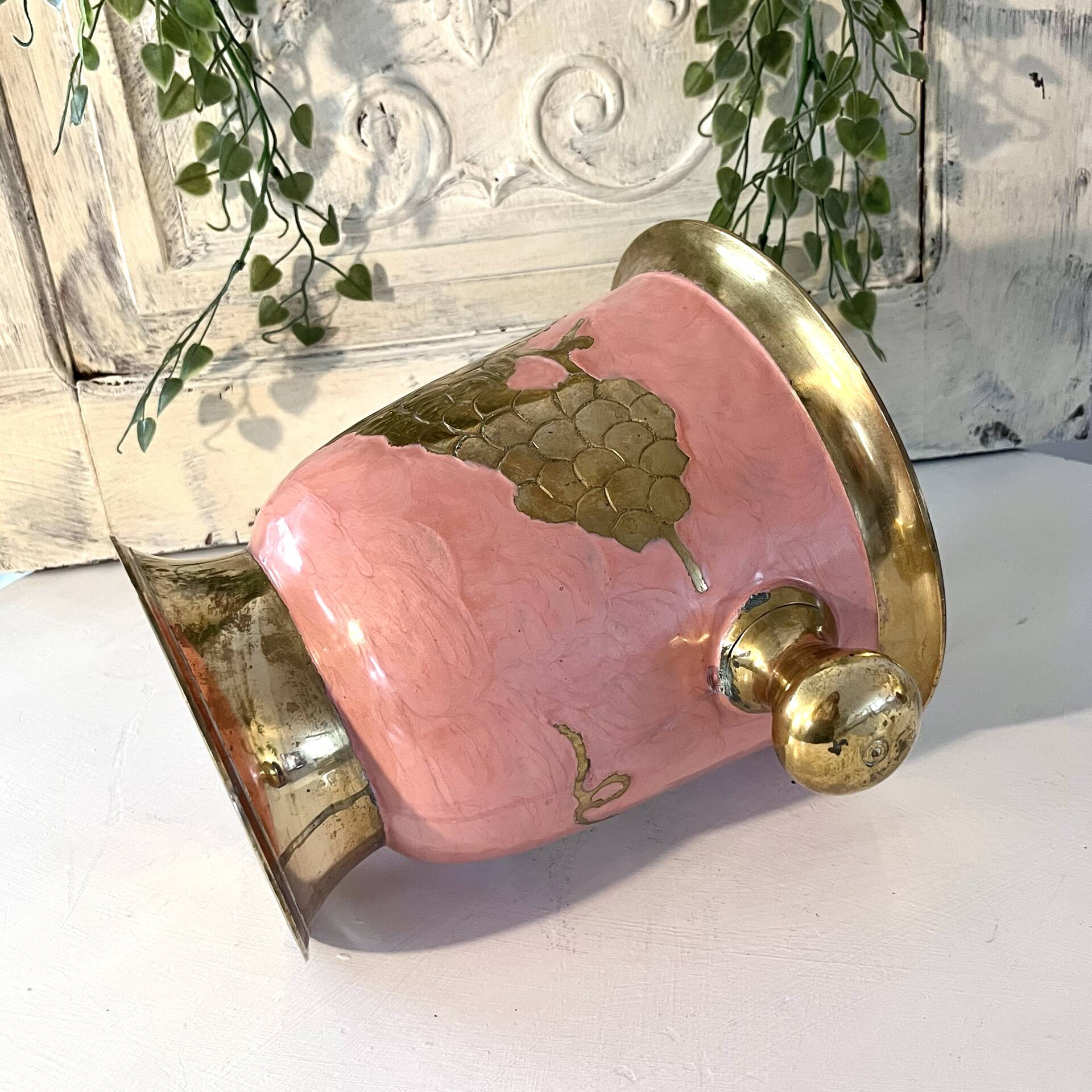 Enamel Ice Bucket – Vintage French Pink Gilt Grapevine Champagne Coole