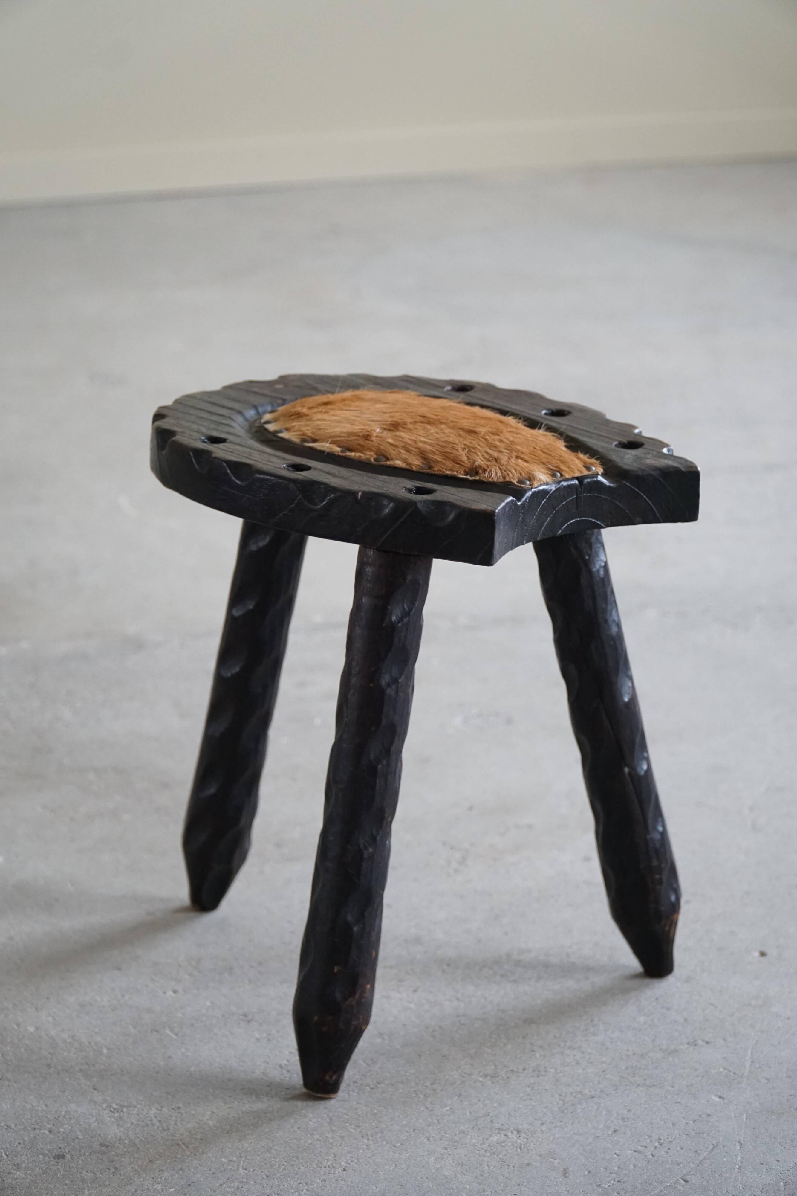 Swedish tripod stool in pine and cowhide, Wabi Sabi, 1950s