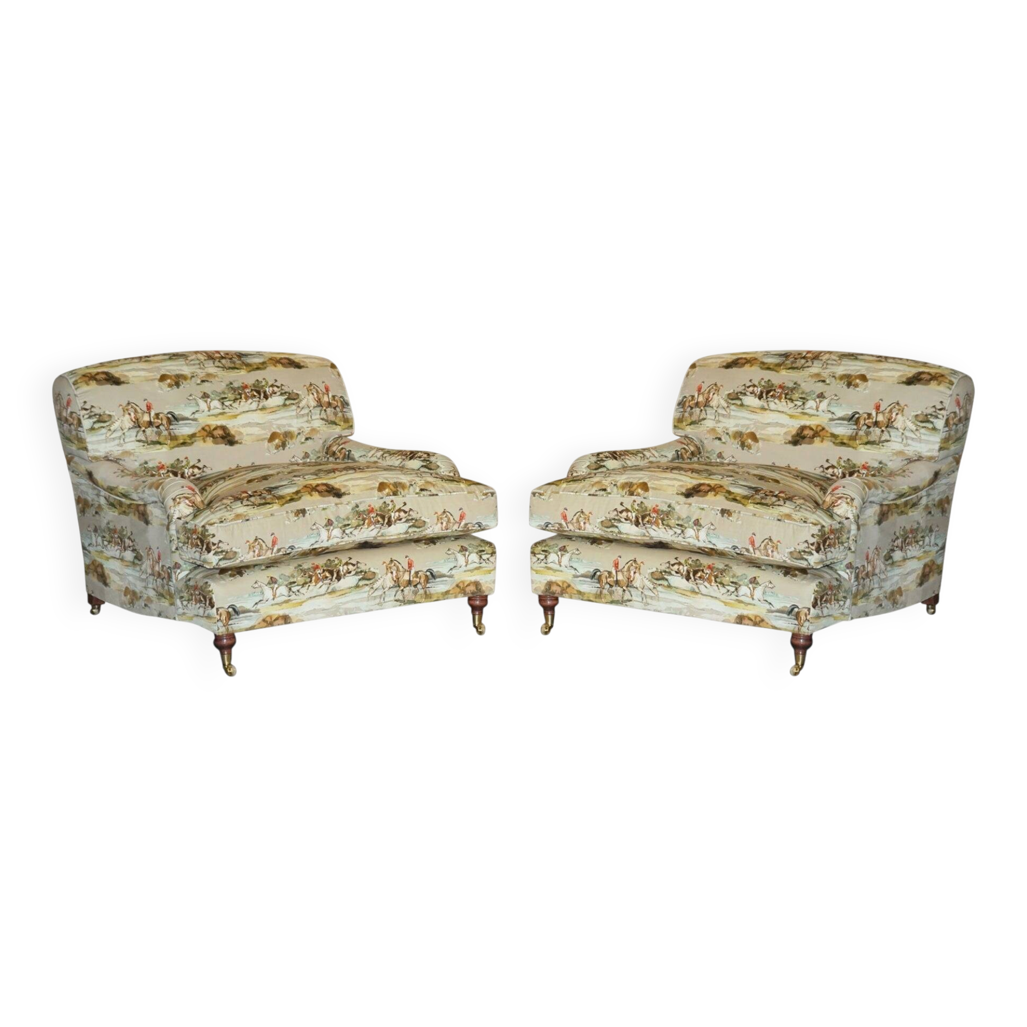 Pair of Custom Love Seat Howard Armchairs Mulberry Morning Gallop Velvet