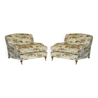 Pair of Custom Love Seat Howard Armchairs Mulberry Morning Gallop Velvet