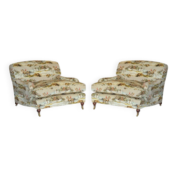 Pair of Custom Love Seat Howard Armchairs Mulberry Morning Gallop Velvet