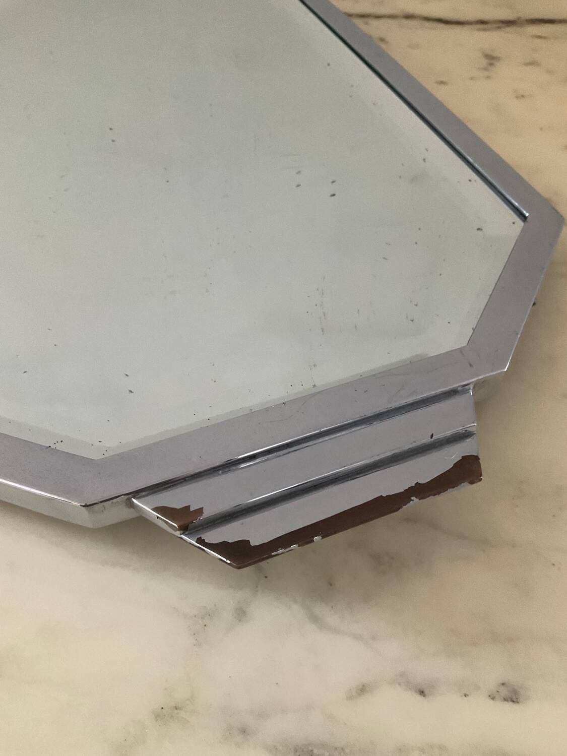 Plateau Art Déco miroir biseauté et laiton argenté