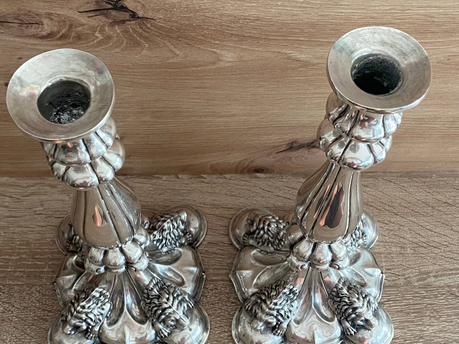 Antique Pair of Solid Silver Flambeaux Candlesticks with Unicorn Hallmark, Early X