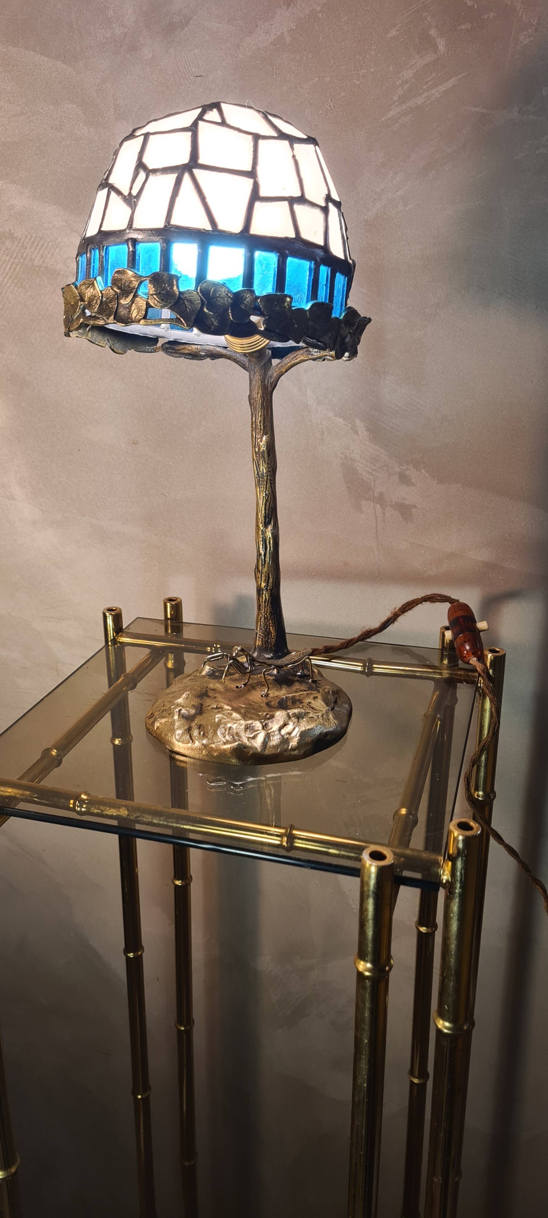 Small bronze praying mantis lamp, art nouveau, 32x15 tiffany style glass