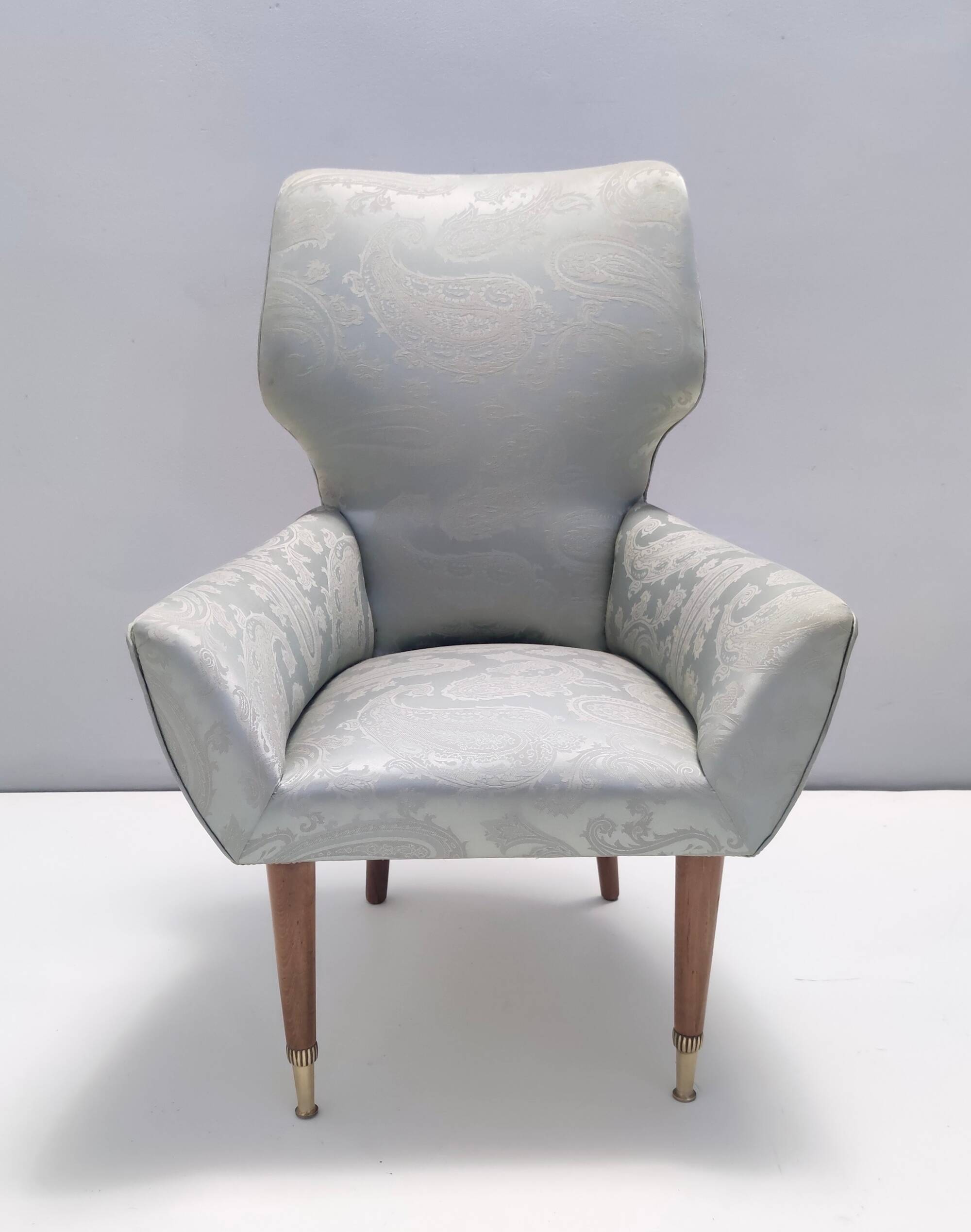 Pair of Grey Satin Lounge Chairs with Walnut Frame and Brass Feet Caps