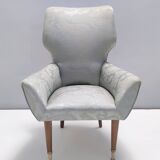 Pair of Grey Satin Lounge Chairs with Walnut Frame and Brass Feet Caps