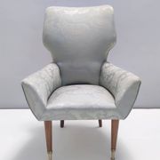 Pair of Grey Satin Lounge Chairs with Walnut Frame and Brass Feet Caps