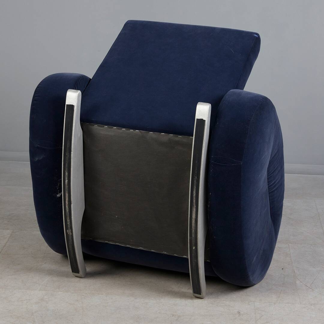 Bretz (Germany) — Rocking Chair / Armchair — Blue Velvet Upholstery — 1980s
