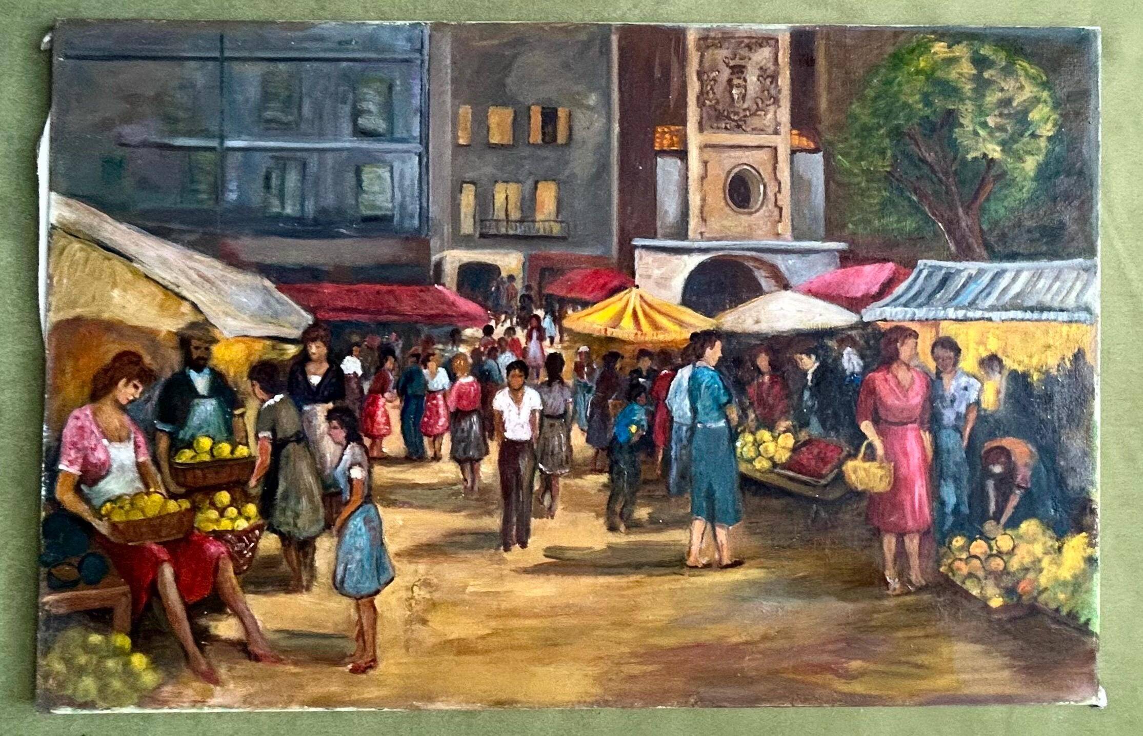 1960s French Oil Village Scene – Large Provençal Marketplein – Original Vin