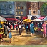 1960s French Oil Village Scene – Large Provençal Marketplein – Original Vin