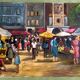 Scène de village pétrolier français des années 1960 – Grande place de marché provençale – Vin original