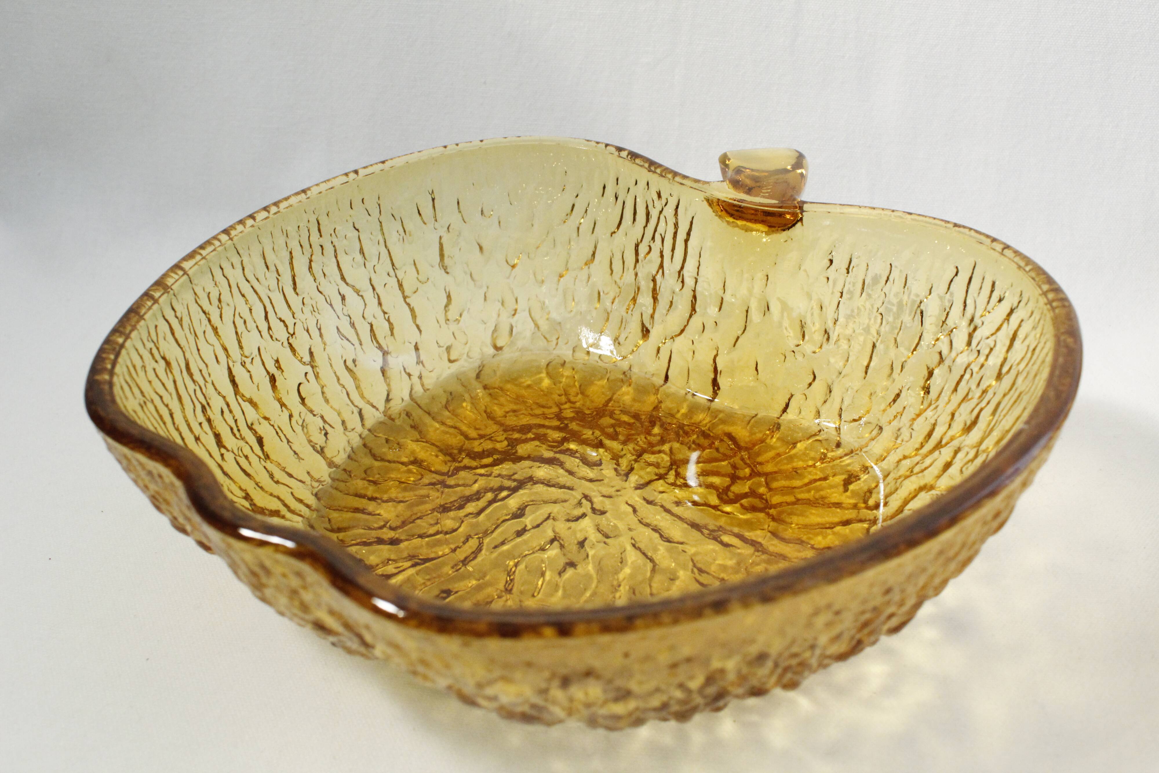 Salad bowl set and 4 dessert cups, vintage, apple shape in amber glass