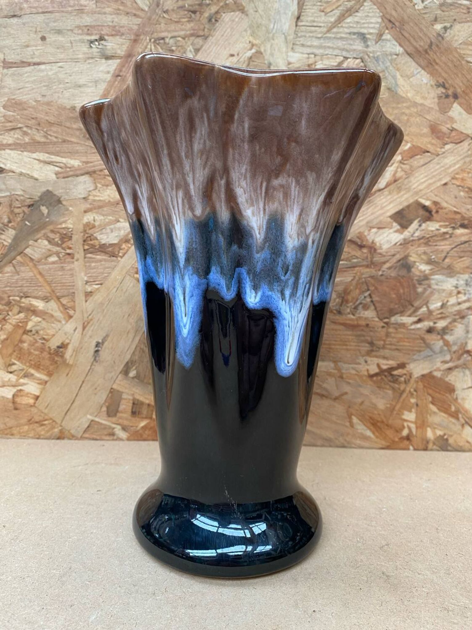 Antique Vallauris Style Ceramic Vase Black Blue Beige Vintage