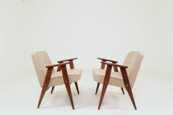 Fauteuil vintage, bois de chêne, tapisserie en laine, entièrement rénové.