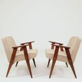 Vintage pair armchair, oak wood, wool upholstery, fully refurbished