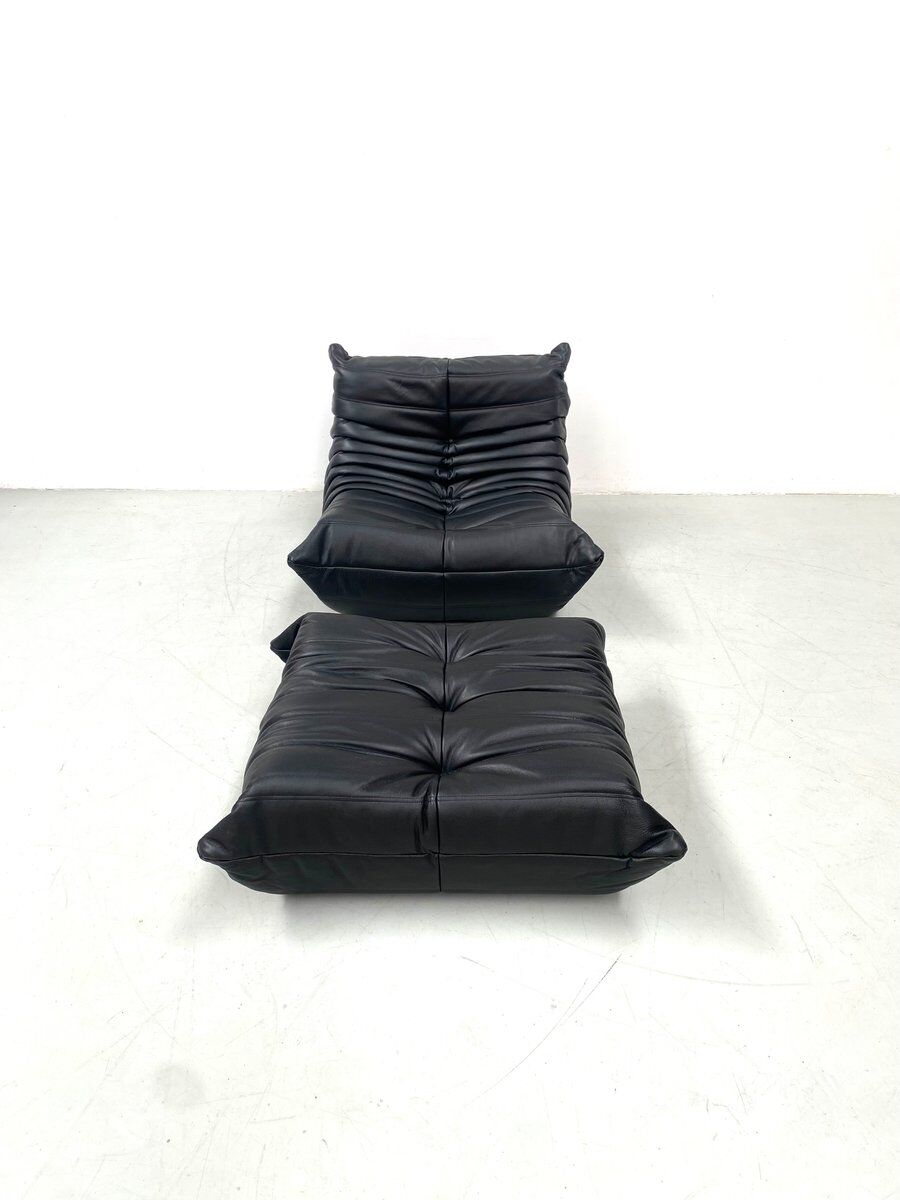 Togo chair and pouffe-black leather attributed to Ducaroy for Ligne Roset.