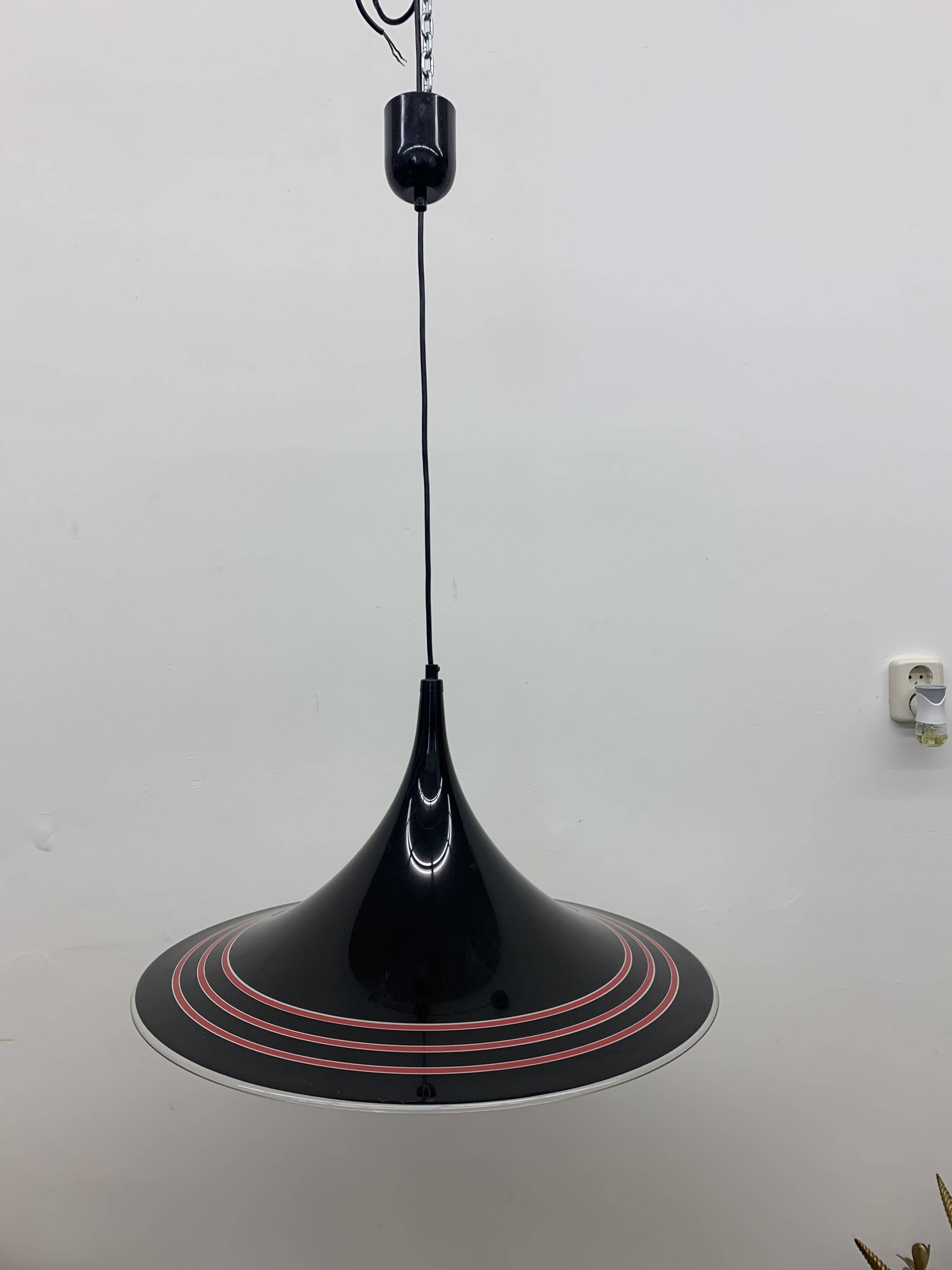 Vintage plastic meblo guzzini black trumpet hanging lamp , 1980’s