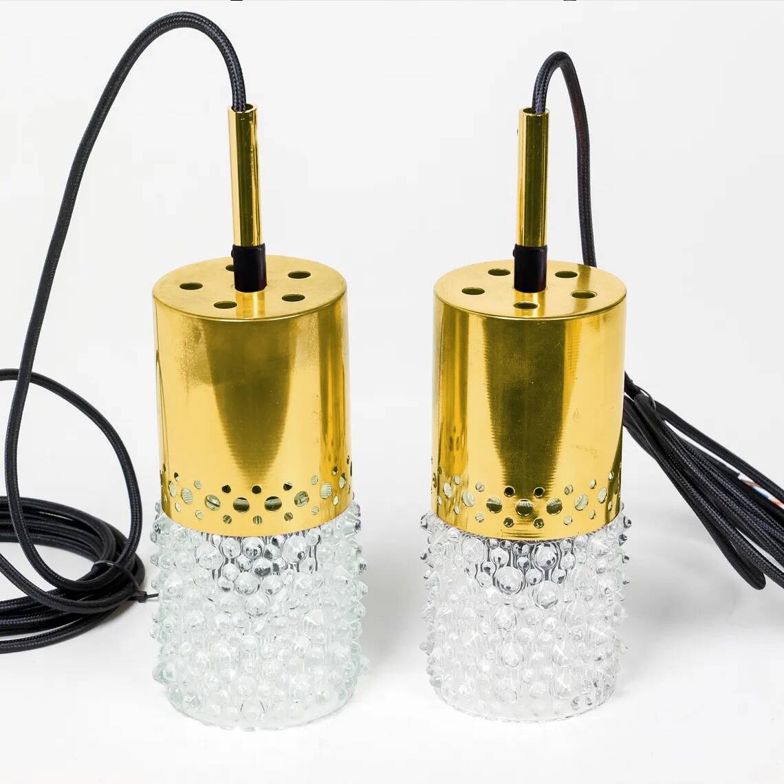 Brass and bubble glass pendant lights by veb narva, 1970s