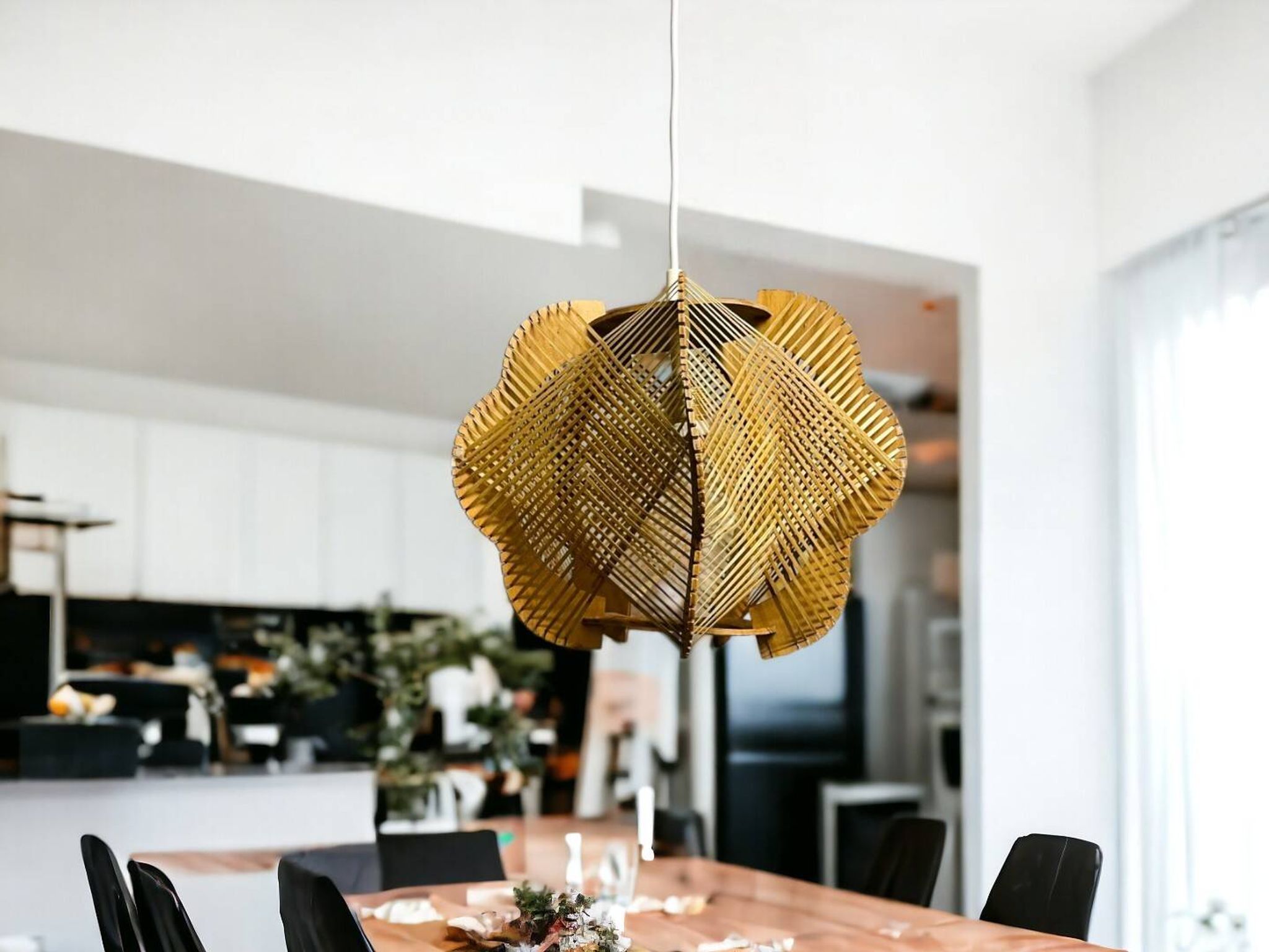Portuguese mid century wood and straw wooden pendant lamp, 1960s