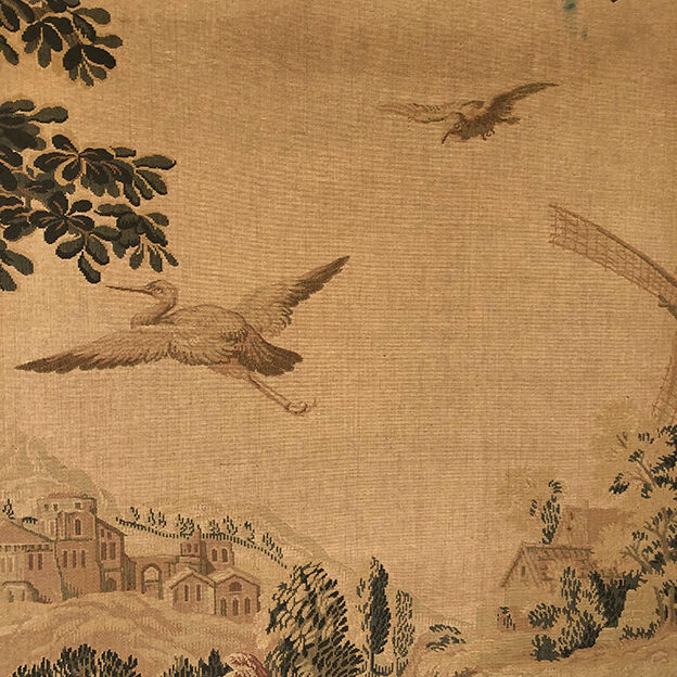 Tapestry decorated with waders, waterfront and greenery