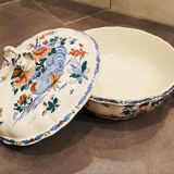 Large soup bowl in Gien earthenware model rooster and peonies