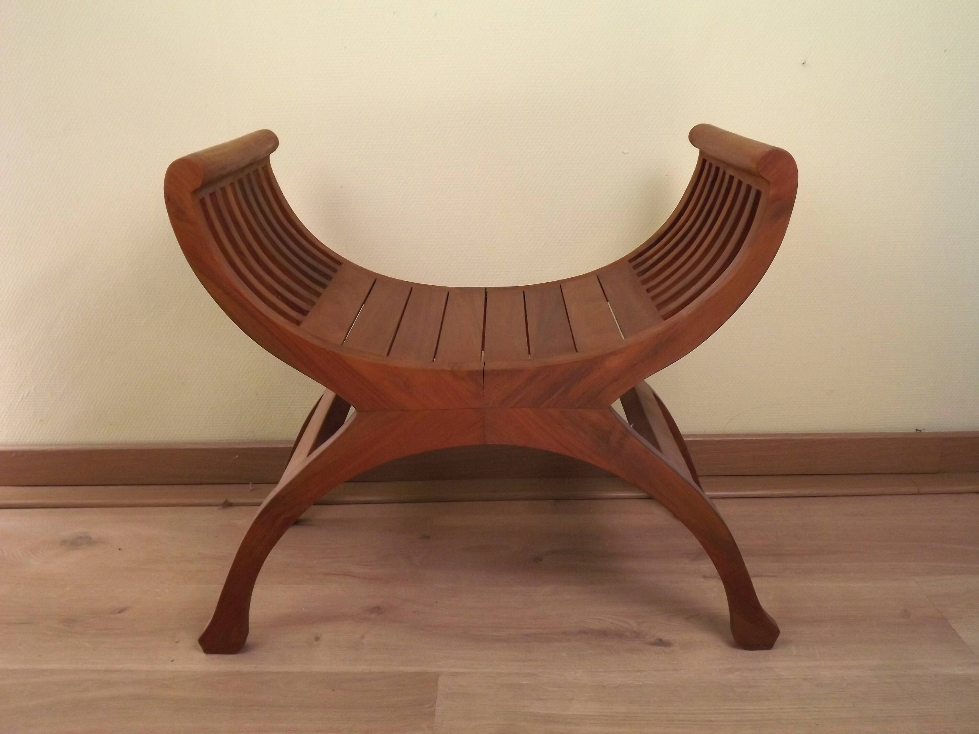 Solid Wood Curule Stool Vintage French Curved Slatted Seat Mid Century