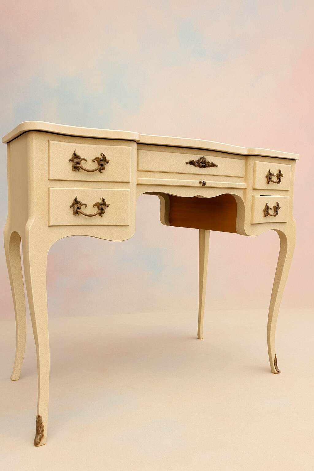 Vintage 1980s dressing table with Venetian mirror. Elegant makeup table.