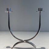 Silver-plated metal and plexiglass design candlestick.