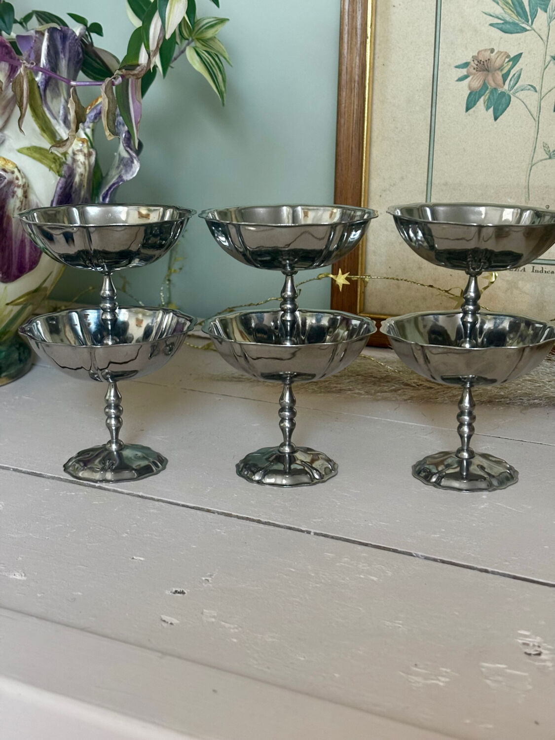 Vintage set of 6 finely engraved stainless steel bowls.