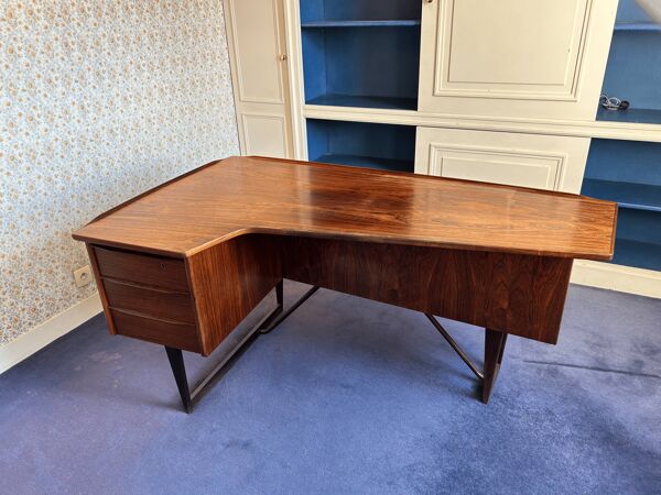Bureau scandinave vintage en bois façon palissandre, années 60/70