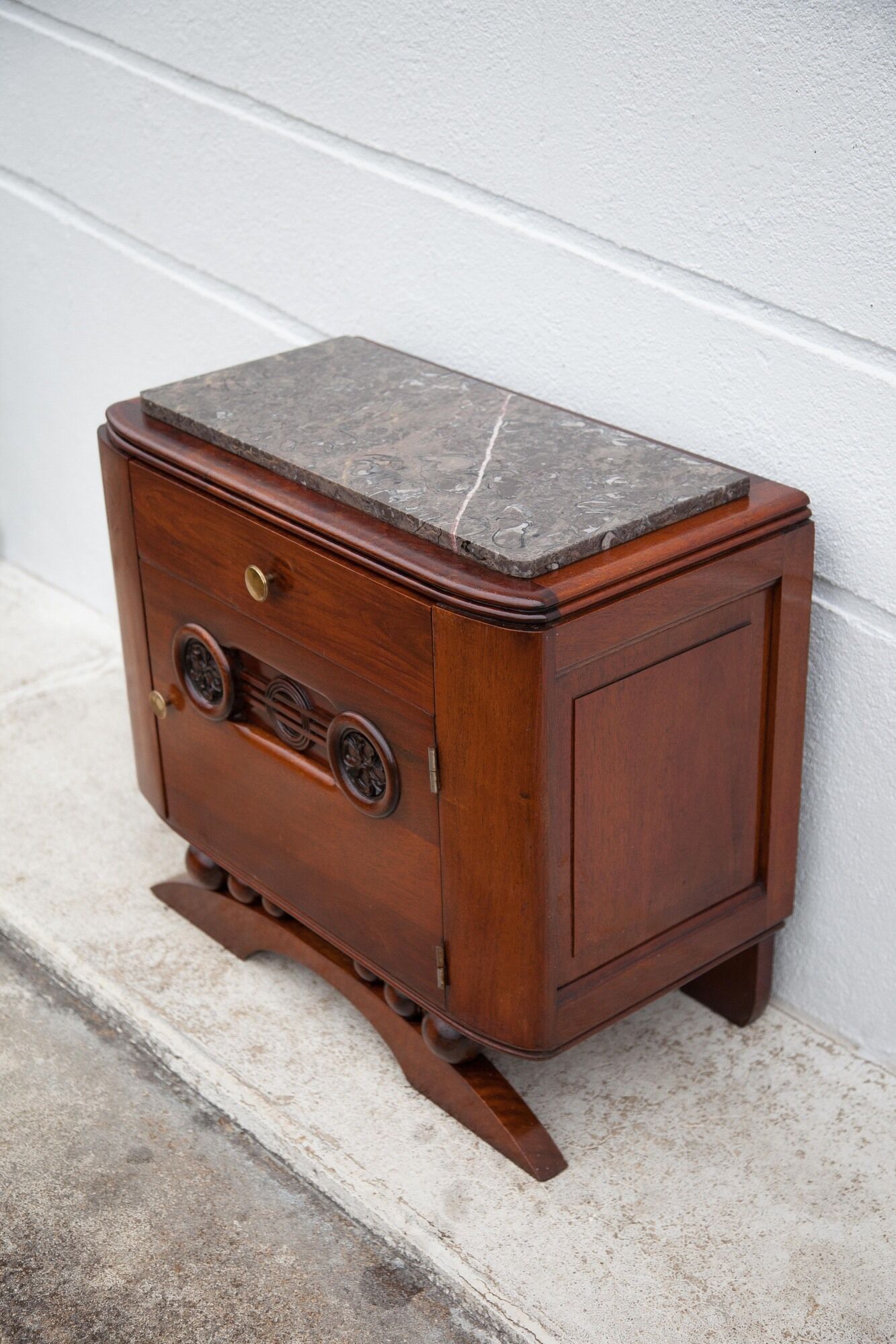 Art Deco bedside table, wood and marble deco nightstand, end of sofa, art deco