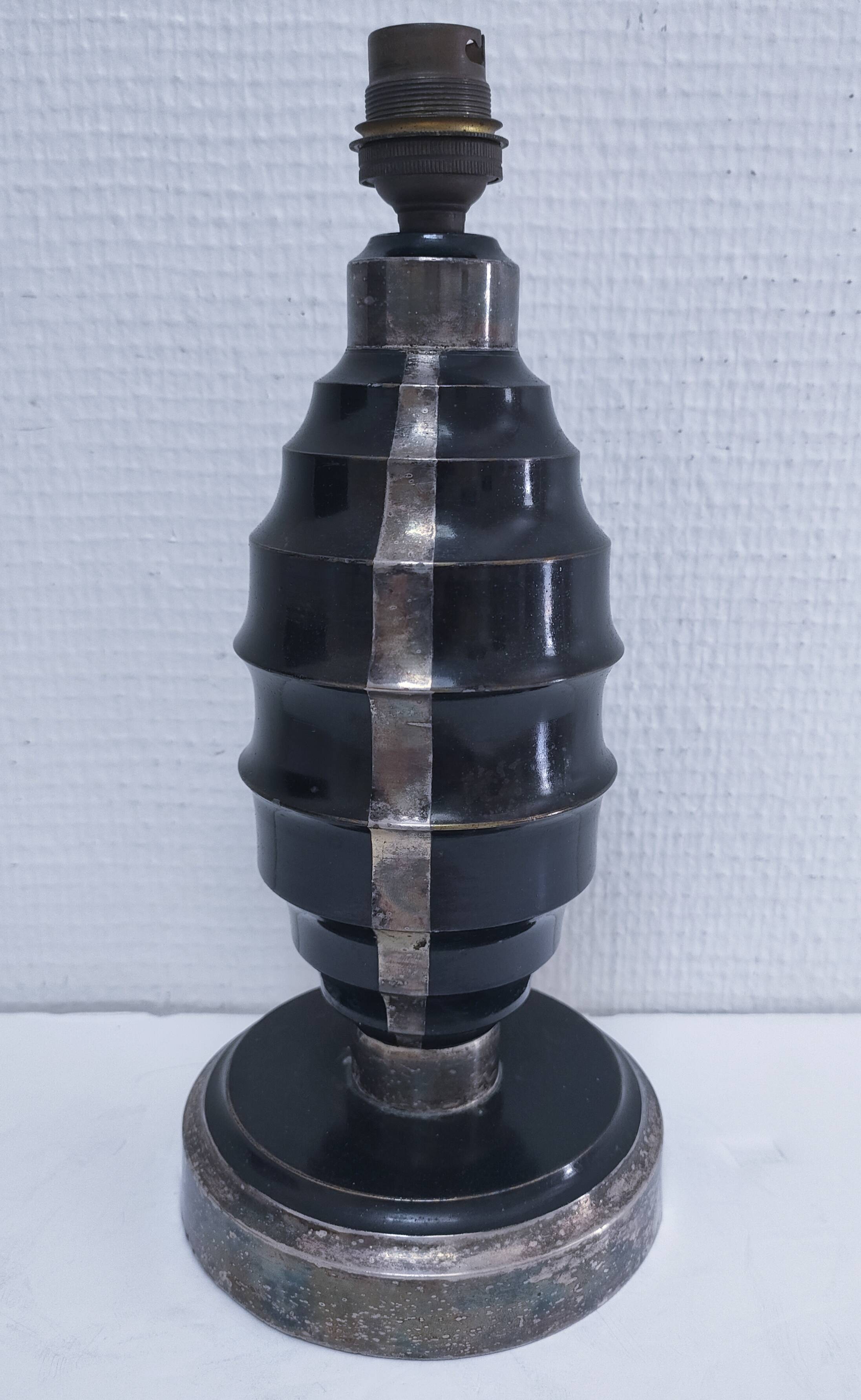 Art Deco metal lamp base with black and silver patina