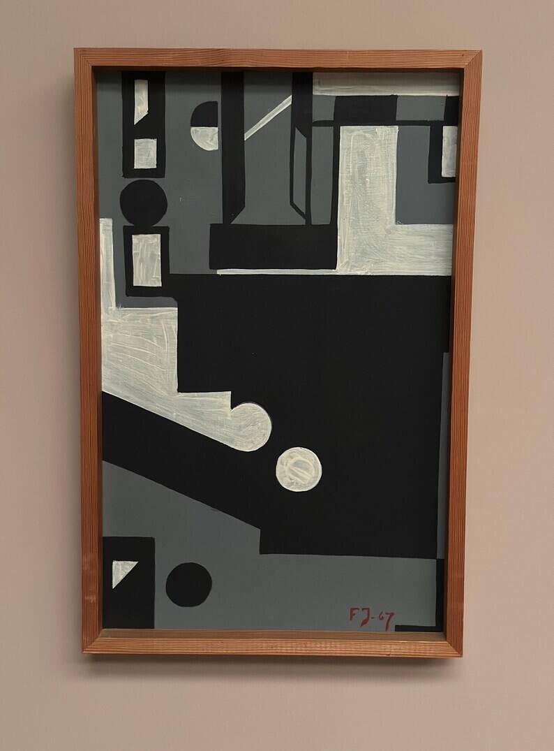 Original Danish Oil on Canvas – “Cultural Revolution in the Passerenden” by Finn Johansen 1967 – Vintage & Framed – 56.5×36.5cm (22.2" × 14.4")