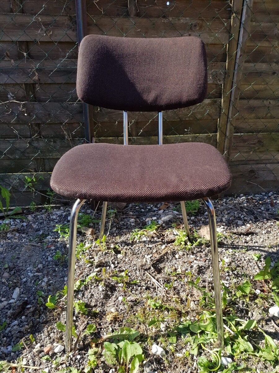 Pair of Vintage 1970s Chrome Metal Chairs with Brown Fabric #D