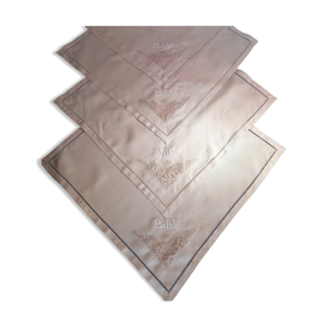 Set de 12 serviettes de table en lin beige Monogramme brodé,décors en dentelle faite main, jours échelle