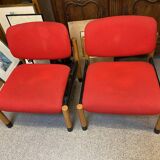 PAIR OF VINTAGE DESIGN ARMCHAIRS FROM THE 80S IN RED AND LIGHT BROS FABRIC