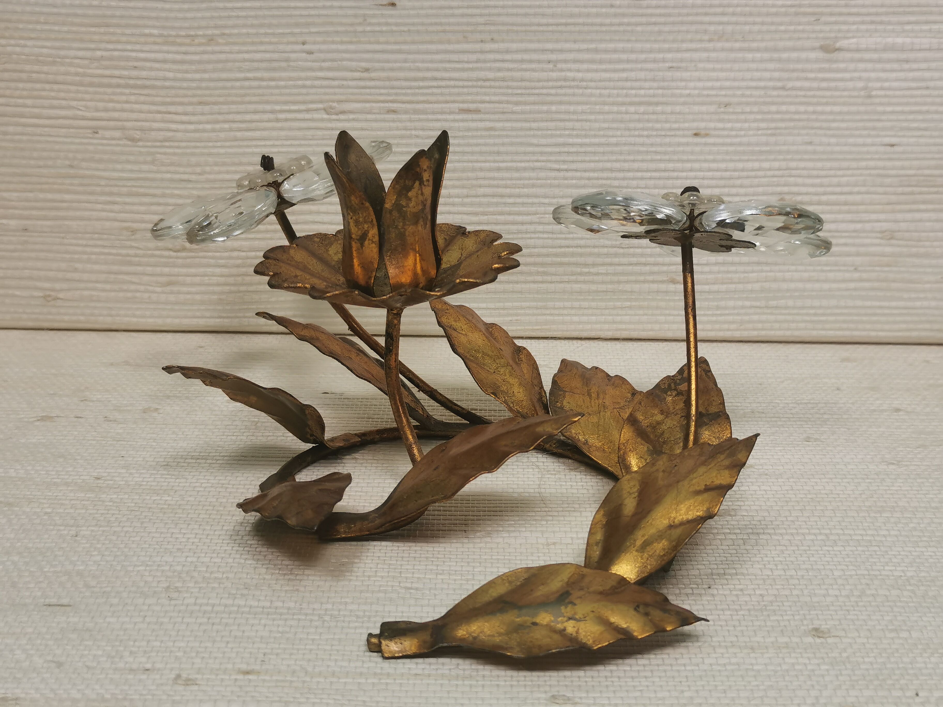 Candle holder gold metal and glass