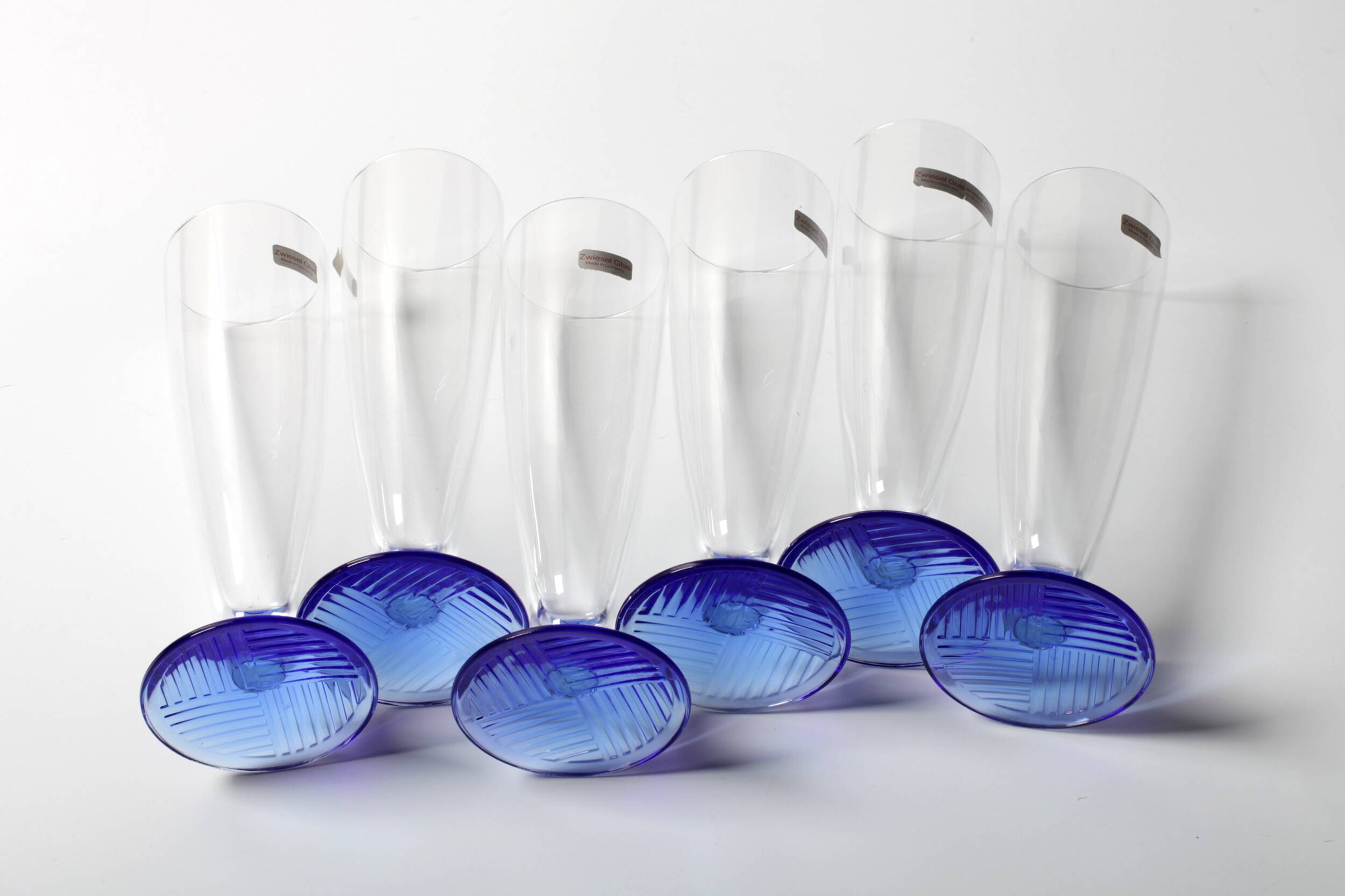 Set of 6 Vintage Blue-Footed Glasses /Rare Tall Tumblers / Zwiesel Glas / G