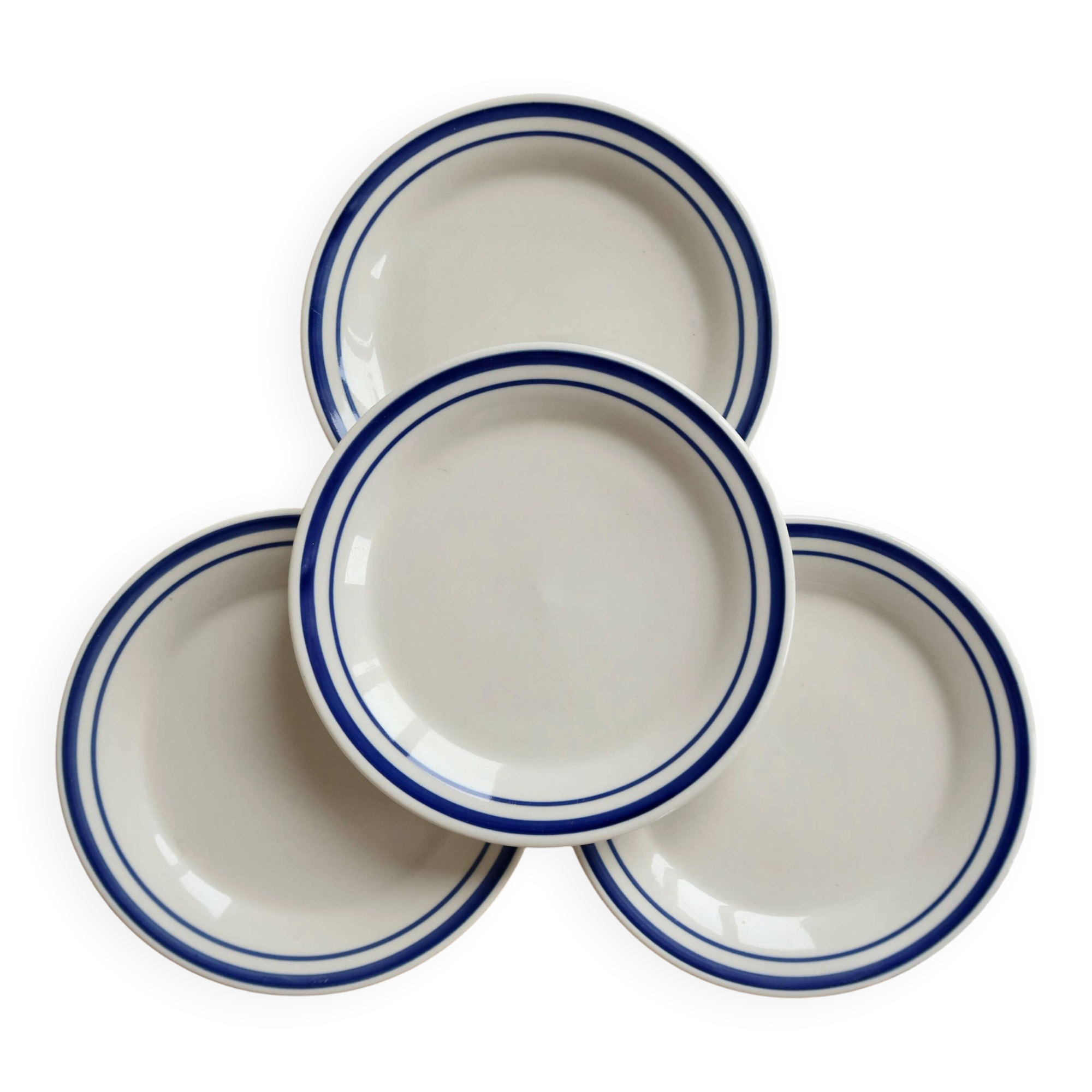 4 vintage dessert plates earthenware – double blue border bistro style
