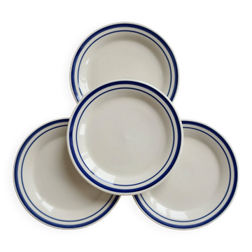 4 assiettes à dessert vintage faïence– double liseré bleu style bistrot