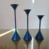 3 modernist Scandinavian candlesticks in blue lacquered metal and brass 60s 70s