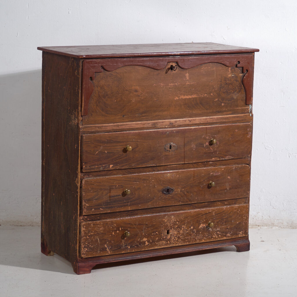 Commode secrétaire ancienne en pin – Bureau rustique européen à abattant – circa 1900