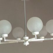 Six-light chrome metal chandelier and opaque glass globes / vintage 60s and 70s