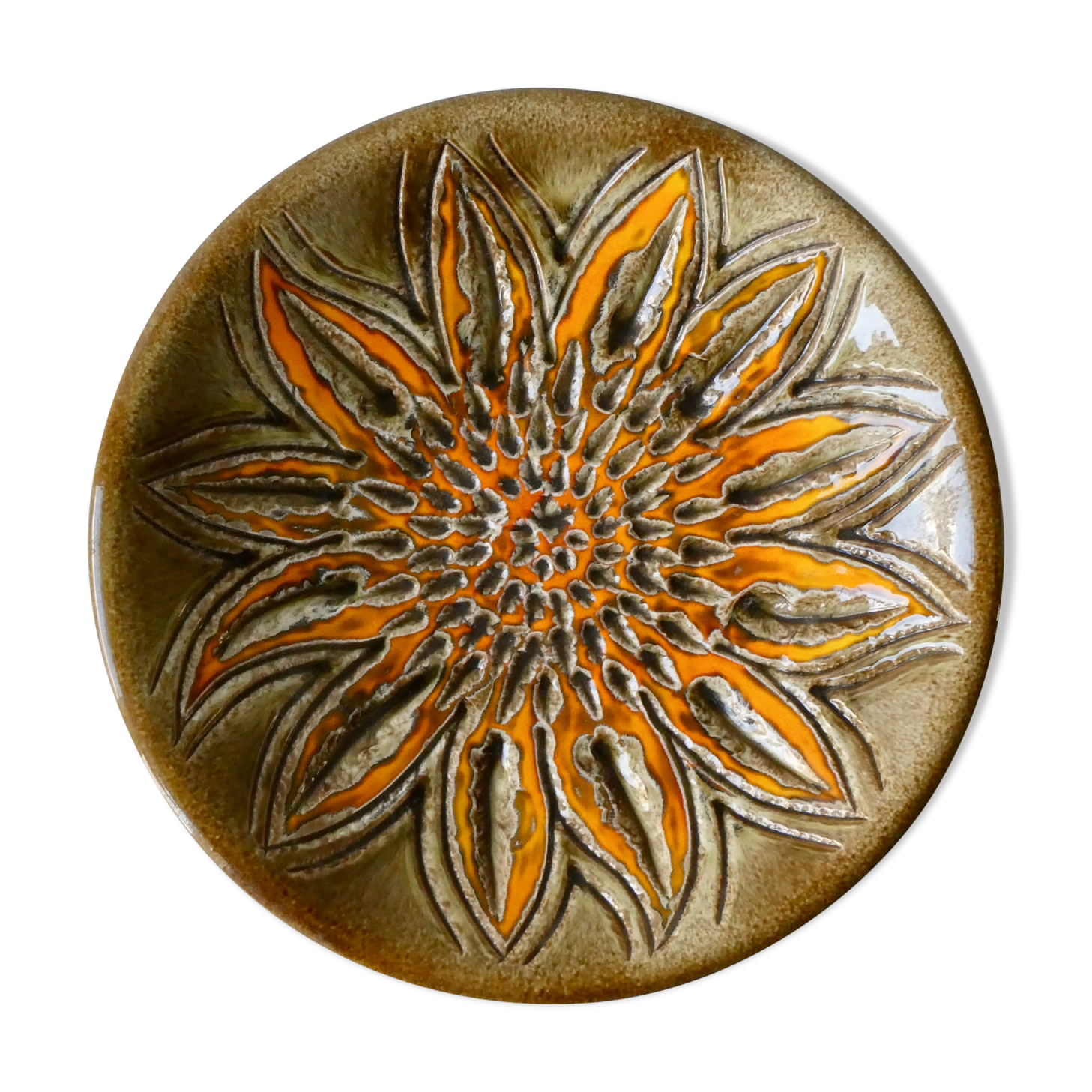 Enamelled ceramic dish, flower, Perigordine pottery, 60s