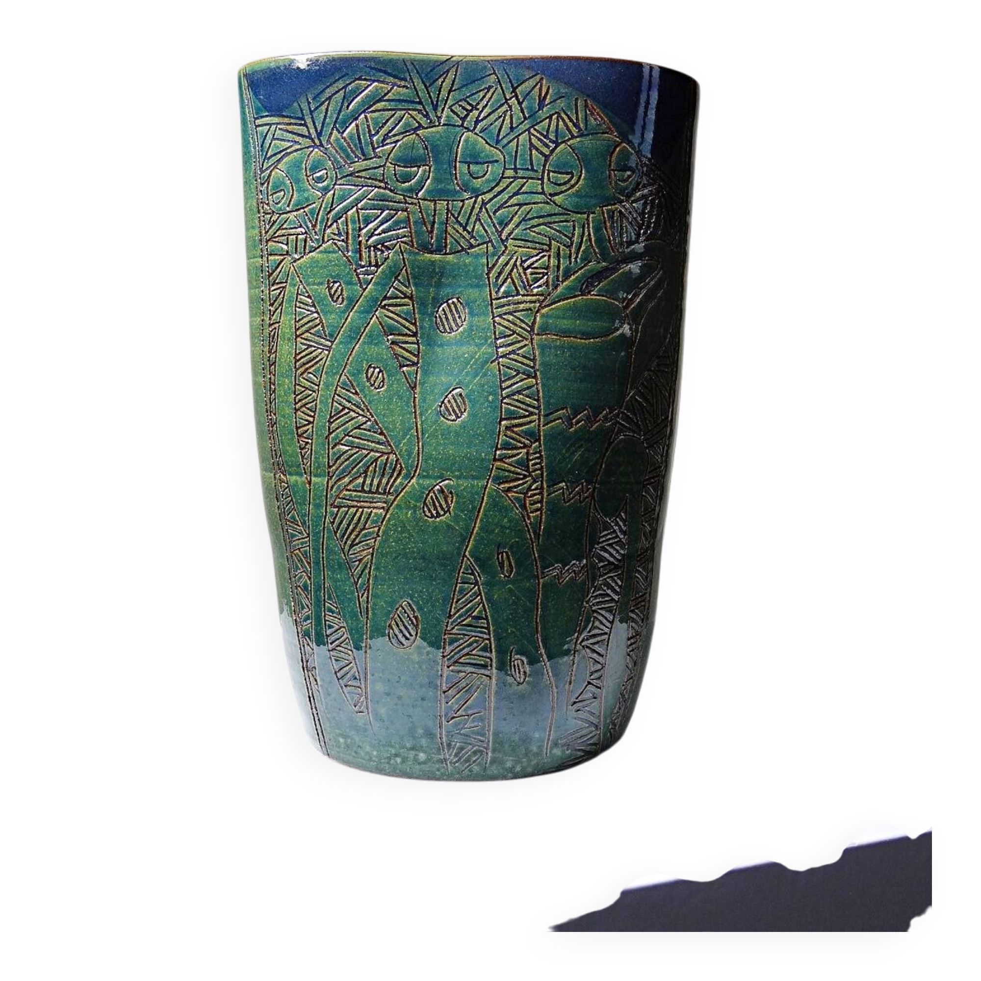 Vintage blue-green artisan pottery vase with incised tribal decoration Eseka Pottery.