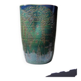 Vintage blue-green artisan pottery vase with incised tribal decoration Eseka Pottery.